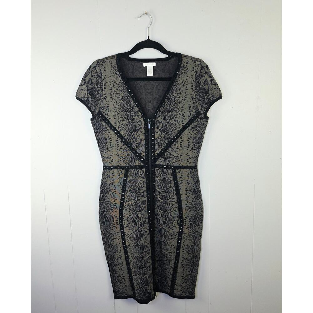 Cache Bodycon Dress Medium Black Snakeskin Studded Zip Front Mob Wife Edgy Glam - Picture 2 of 16